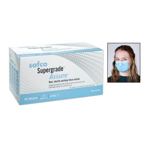 Supergrade assure earloop masks blue 50/box