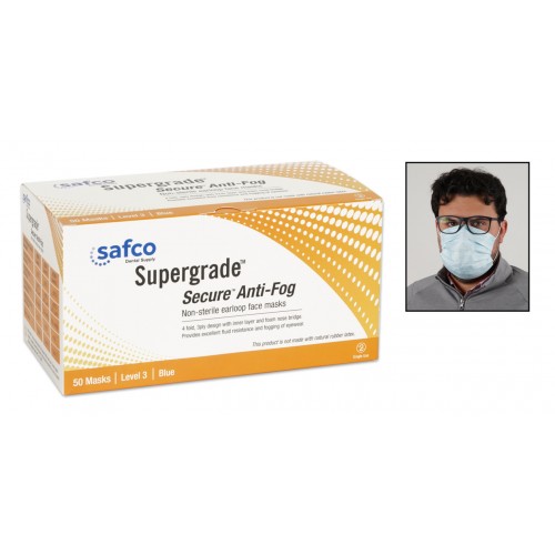 Safco supergrade secure anti-fog earloop masks blue, 50/box